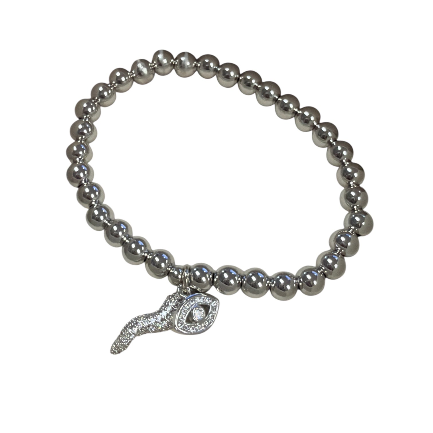 Silver beaded bracelet with a charm on a white background