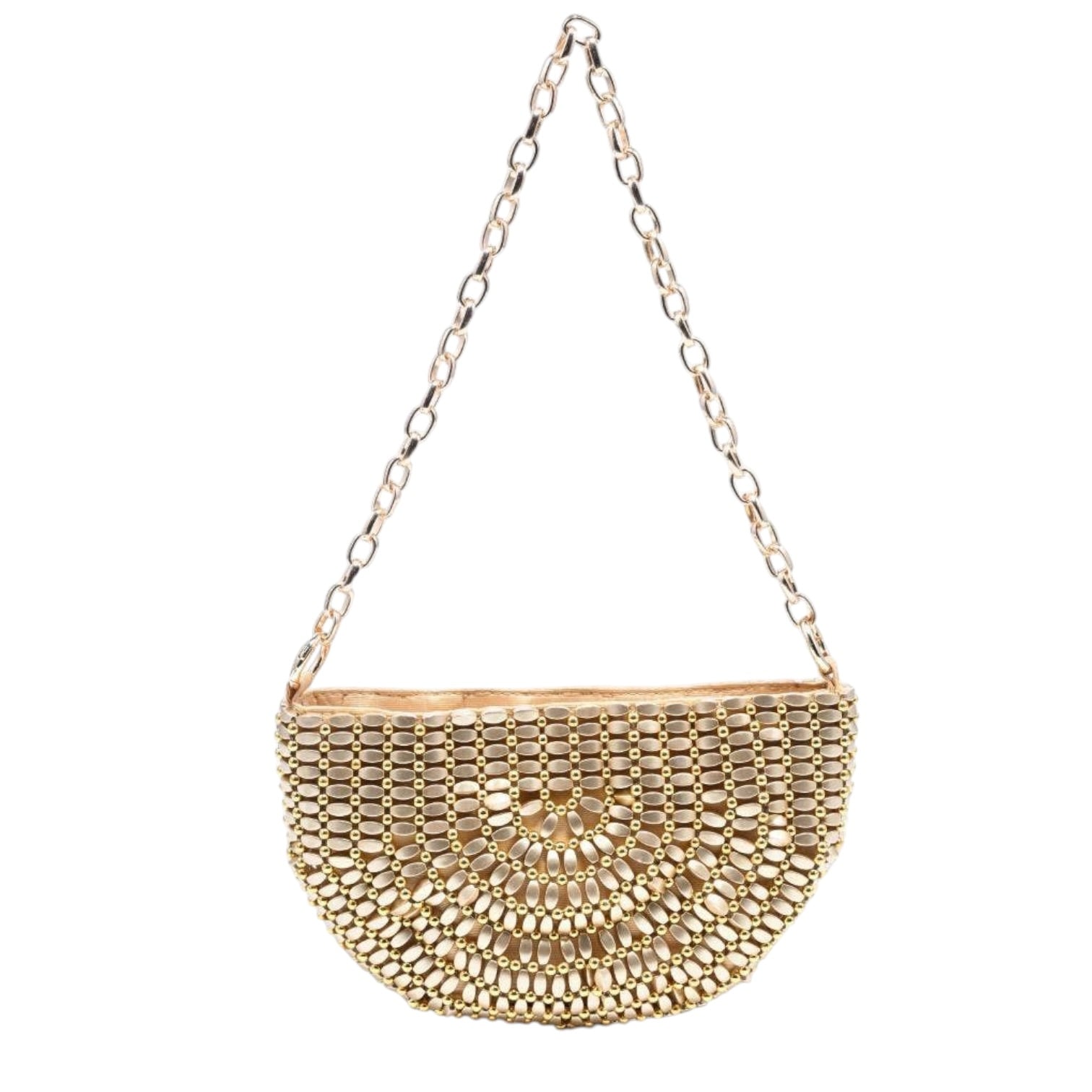 Gold beaded handbag with chain strap on a white background