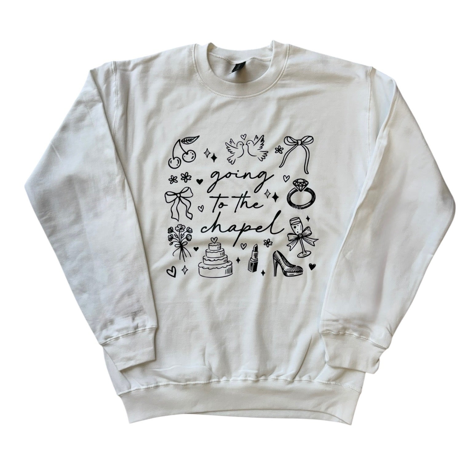 White sweatshirt with black graphic design on a white background