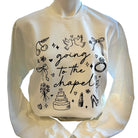 White sweatshirt with black graphic designs and text on a white background