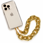 Clear phone case with a chunky gold chain strap attached, shown on a silver iPhone against a white background.
