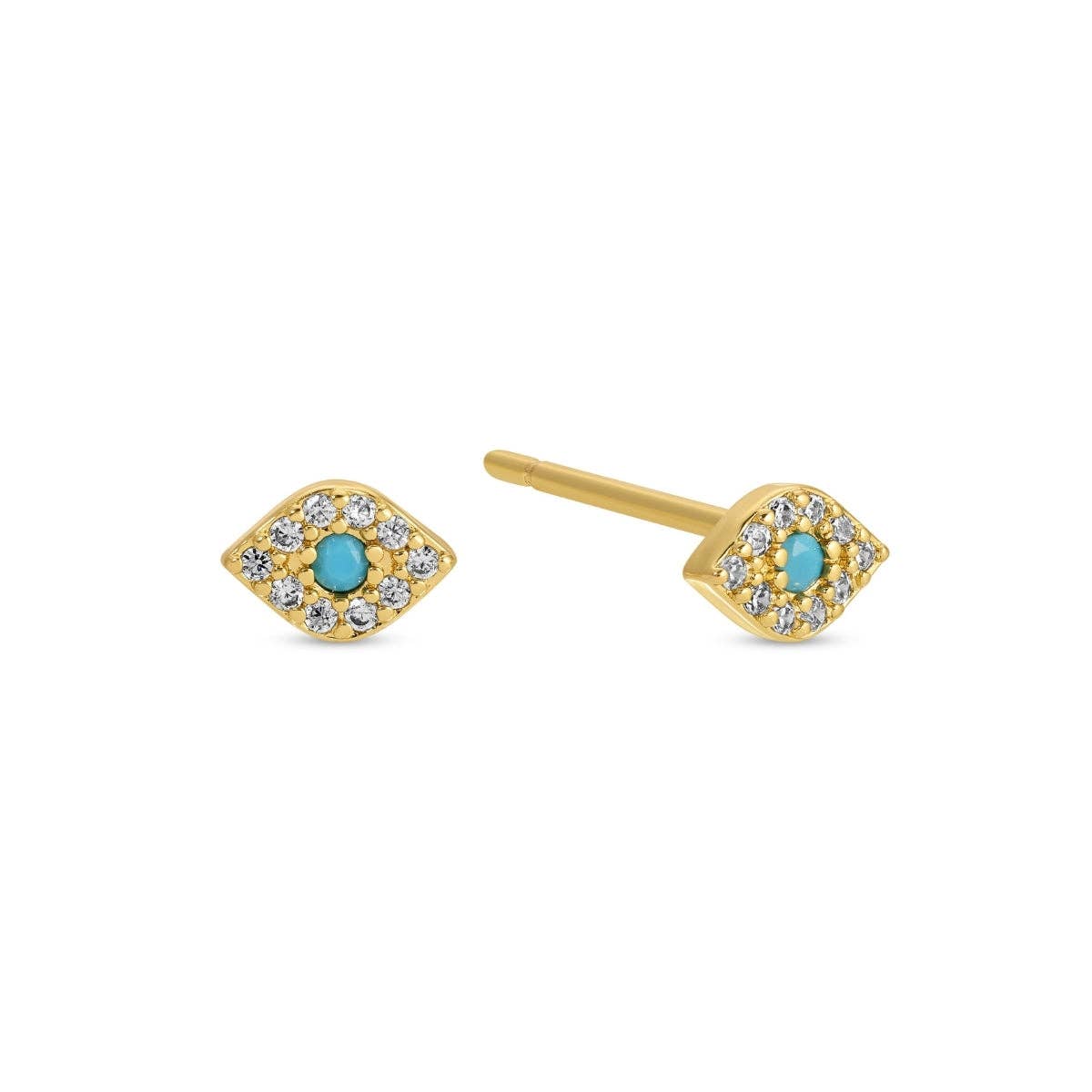 Gold earrings with turquoise stones and clear gemstones on a white background