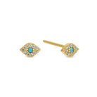 Gold earrings with turquoise stones and clear gemstones on a white background