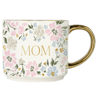 Mug with floral pattern and 'Mom' text on a white background