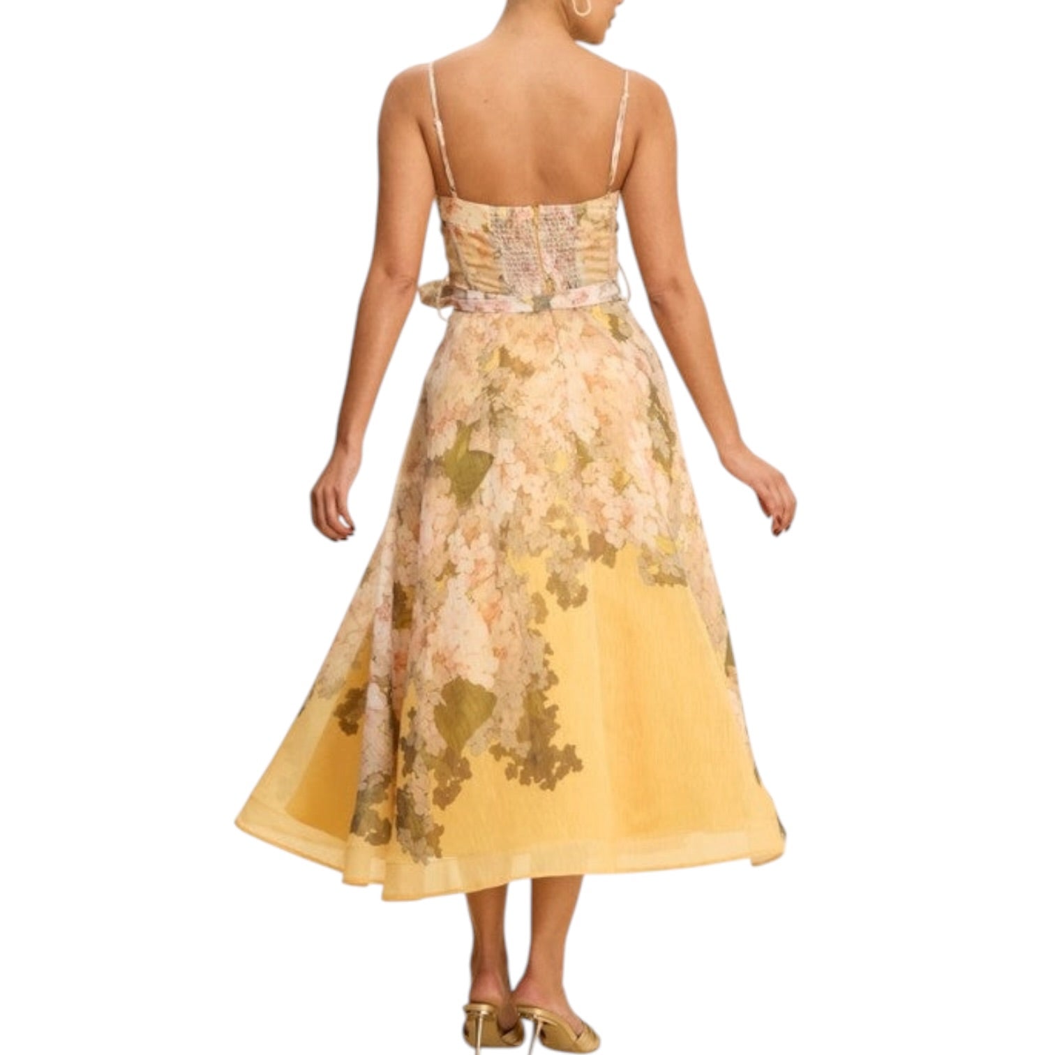 Golden Floral Belted Midi Dress Small