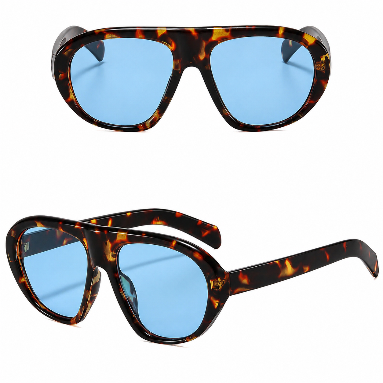 Sunglasses with tortoiseshell frame and blue lenses on a white background