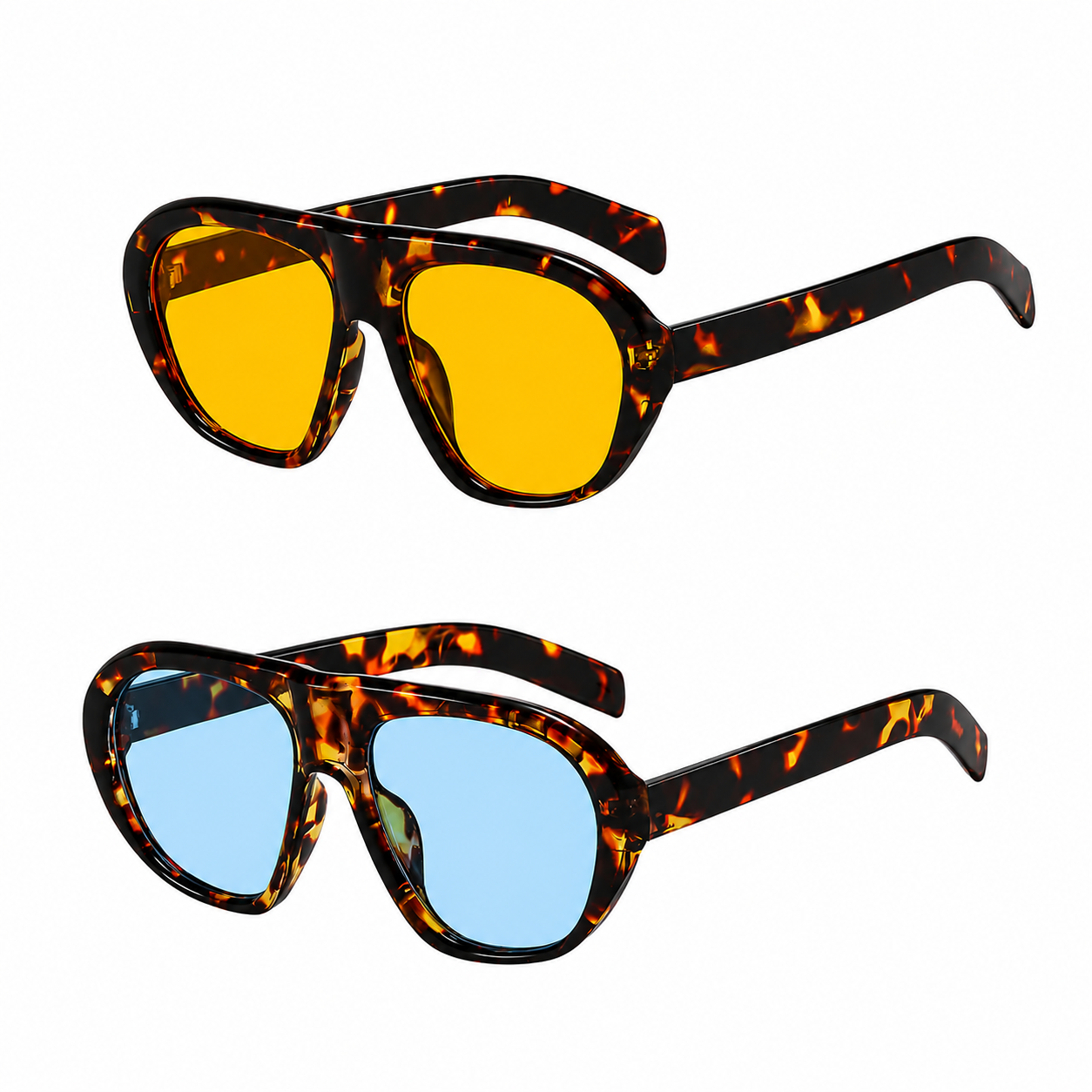 Sunglasses with tortoiseshell frame and orange or blue lenses on a white background