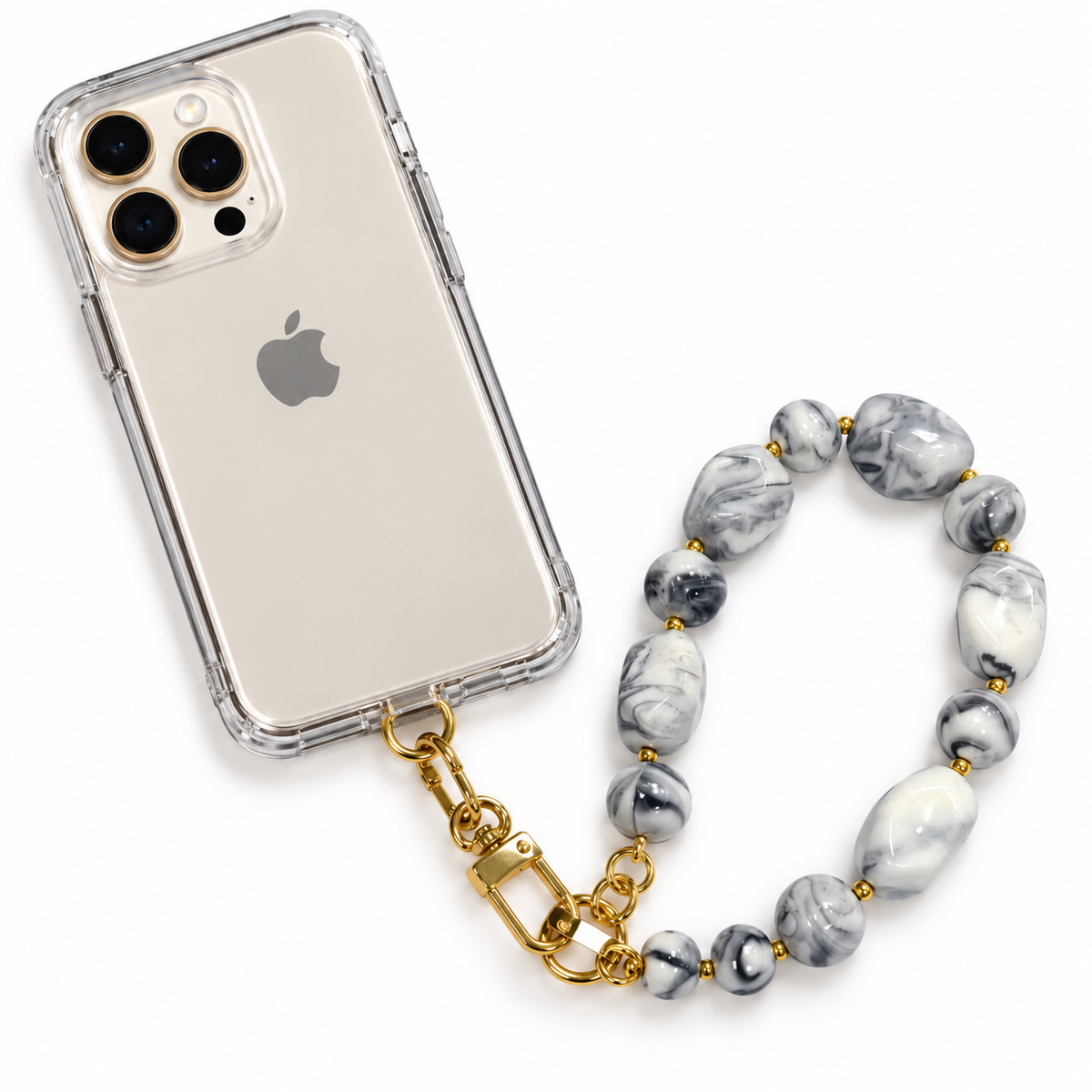 A clear iPhone case with a gray and white marble-patterned beaded wrist strap and gold-tone clasp, shown on a white background.
