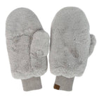 A pair of light gray faux fur mittens with ribbed knit cuffs, shown against a plain white background.