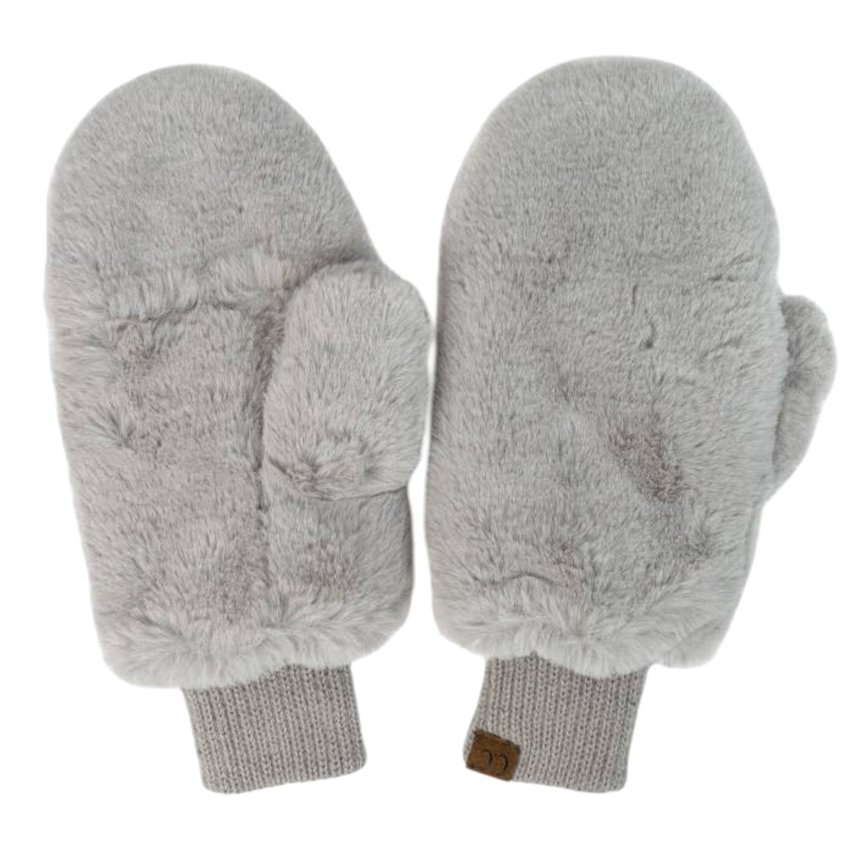 A pair of light gray faux fur mittens with ribbed knit cuffs, shown against a plain white background.