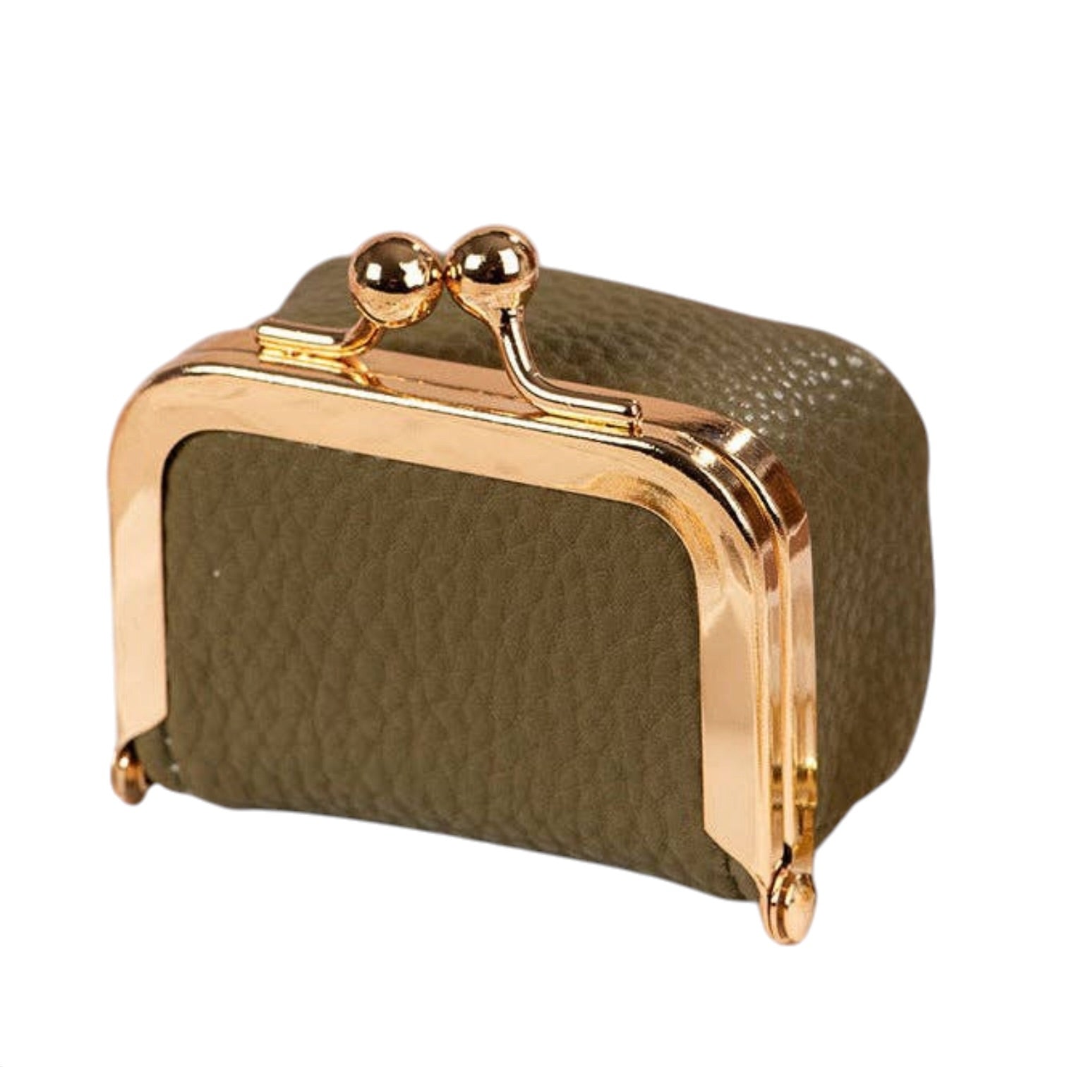 A small pebbled leather coin purse in olive green with a shiny gold-tone metal frame and kiss-lock clasp, shown on a plain white background.