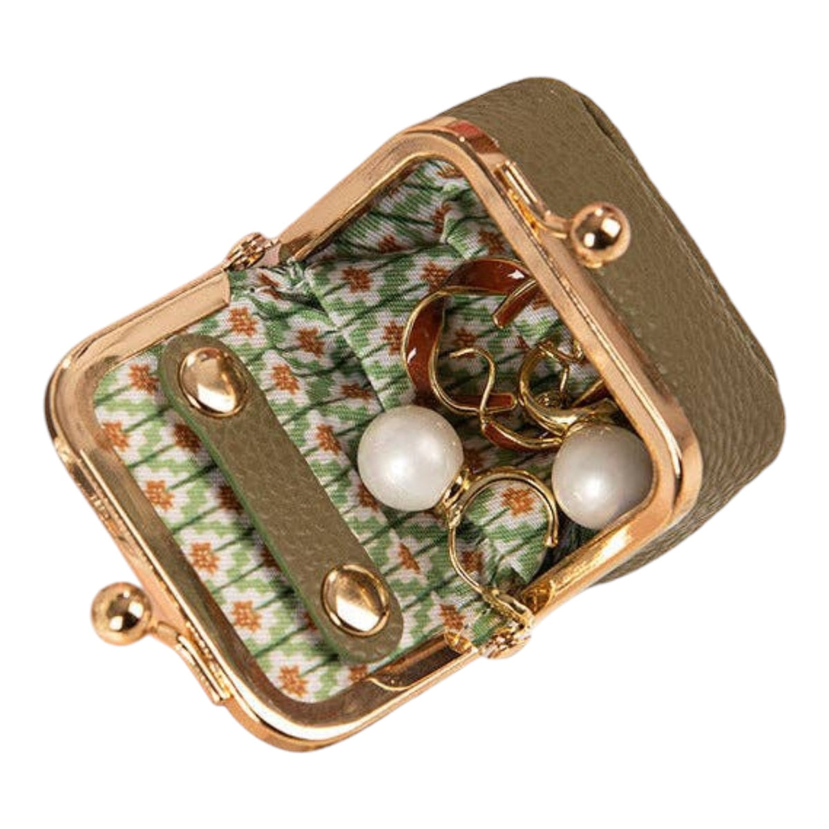 A small kiss-lock jewelry pouch with a green and white floral patterned fabric lining and a gold-tone metal frame. The pouch is shown open, containing sample jewelry including two white pearl earrings and gold rings, set against a plain white background.