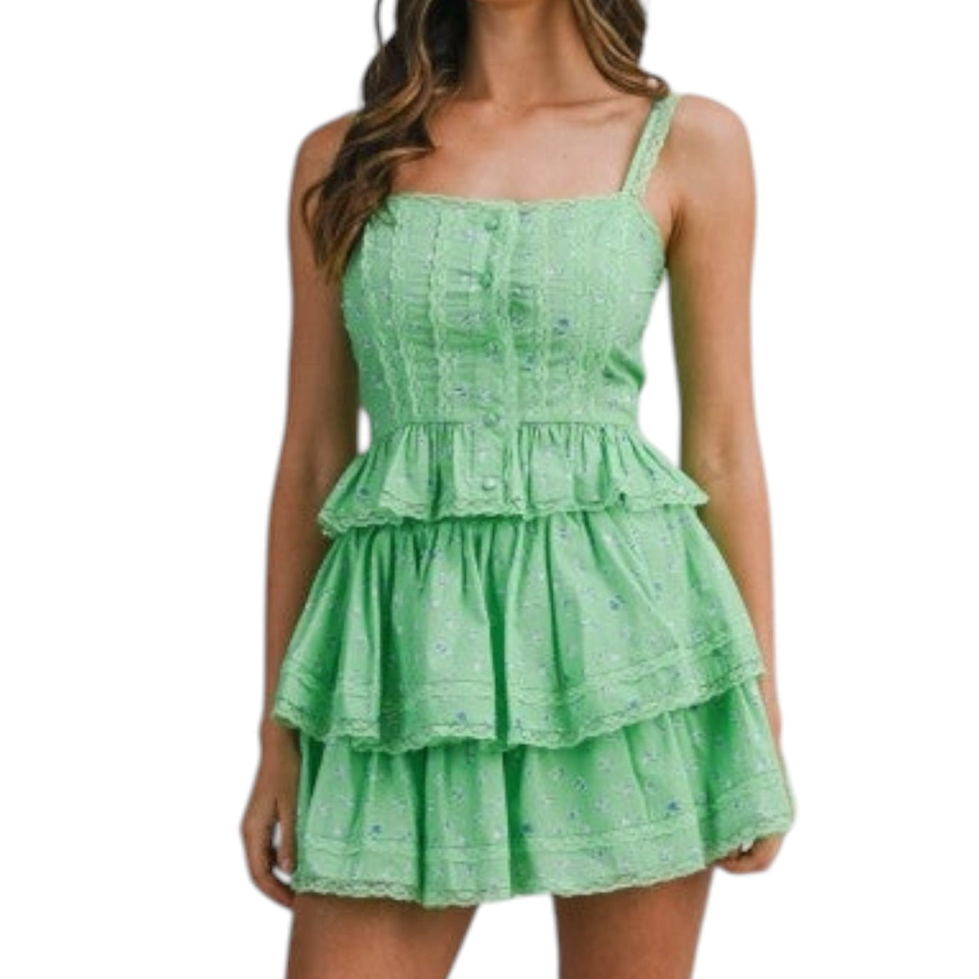 Green tiered set worn by a model on a white background