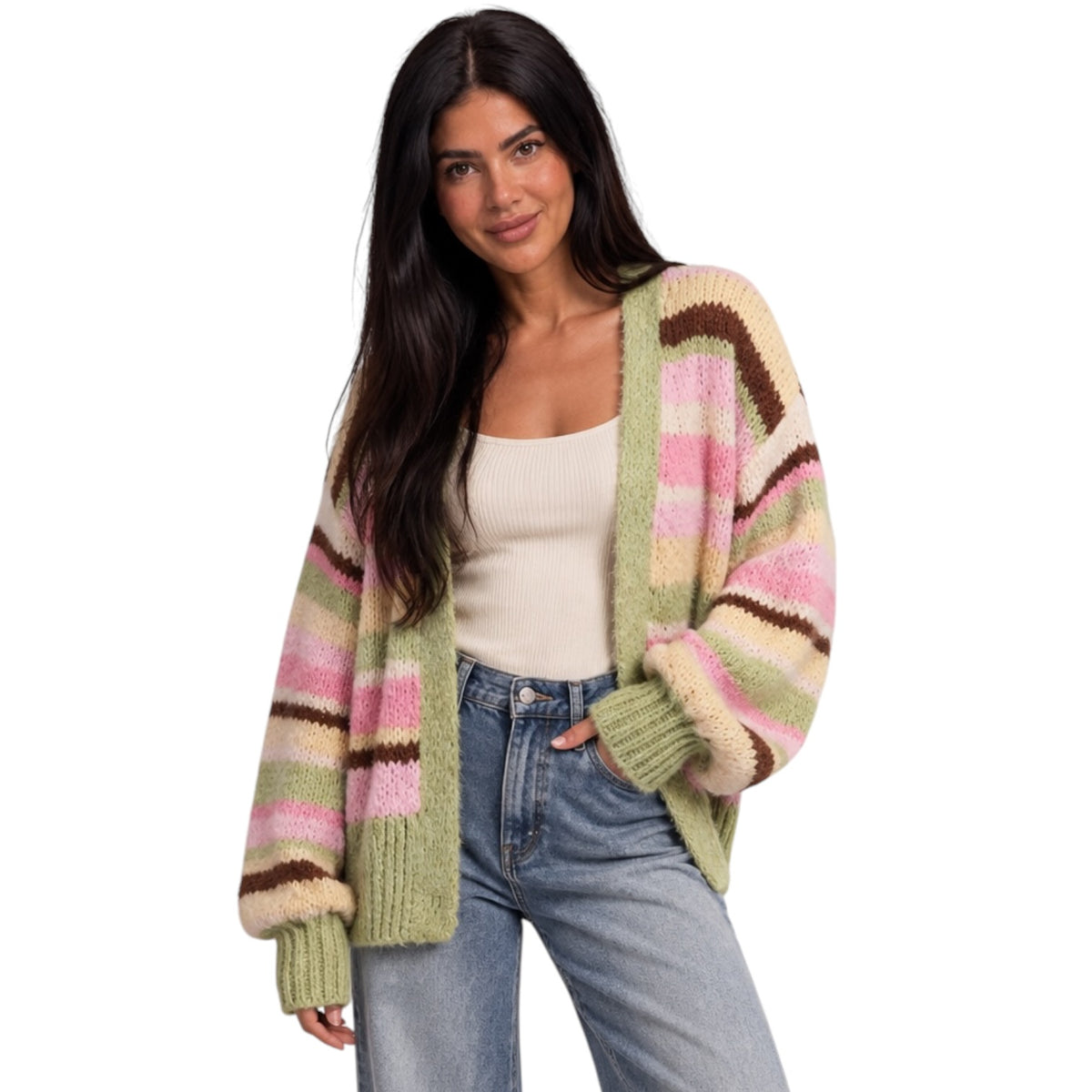 A woman modeling a fuzzy open-front cardigan with horizontal stripes in sage green, pink, and brown over a cream tank top and light-wash jeans, against a plain white background.