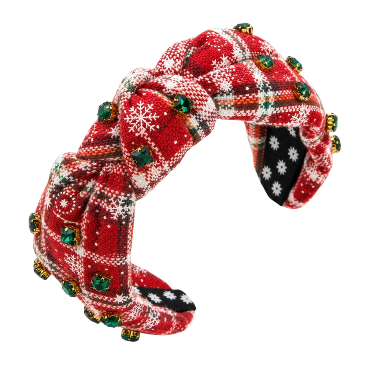A knotted fabric headband featuring a red and white holiday plaid pattern with white snowflakes, green rhinestone embellishments, and gold-toned bead accents, shown on a plain white background.