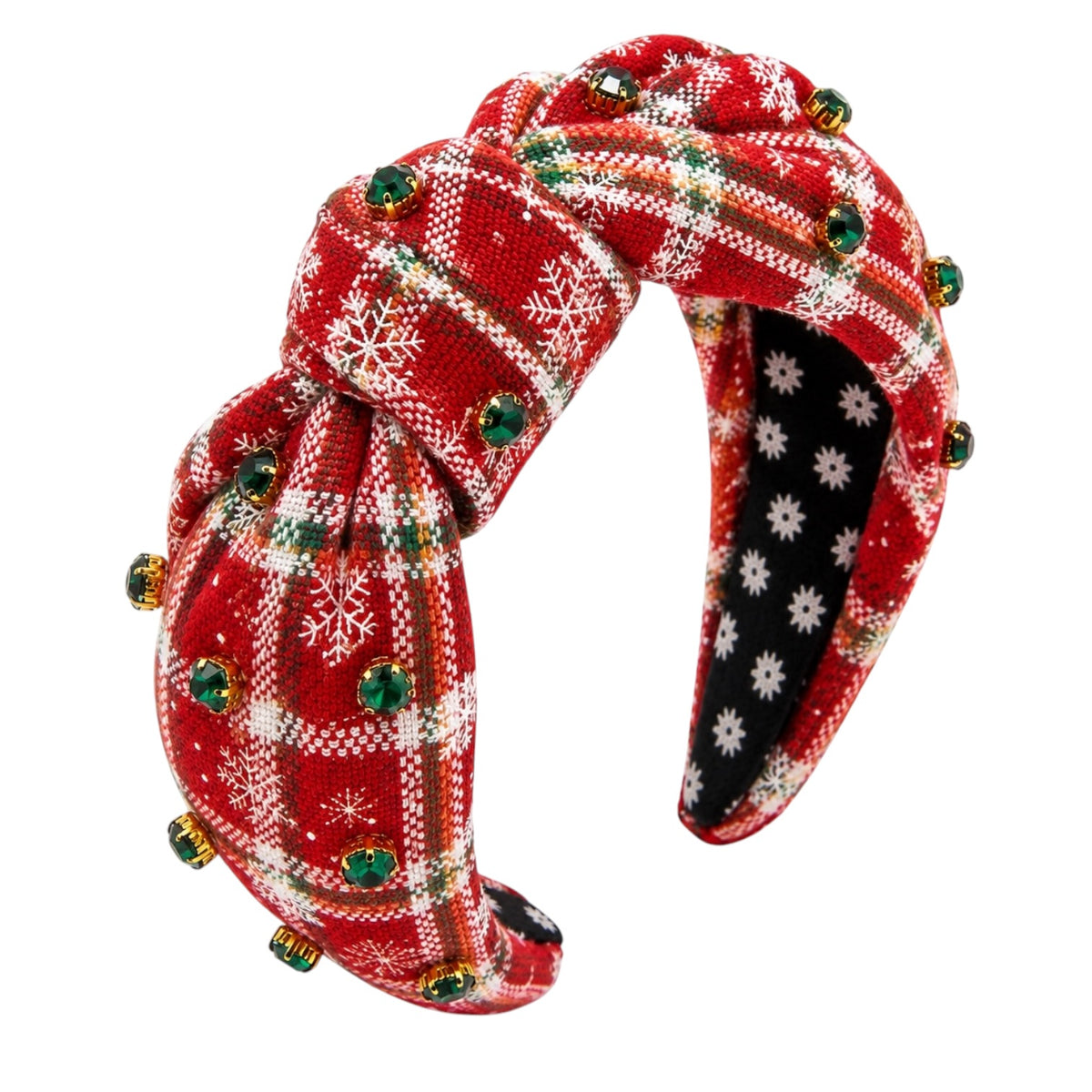 A festive red holiday plaid twisted fabric headband decorated with green and gold rhinestones and white snowflakes, shown on a plain white background.