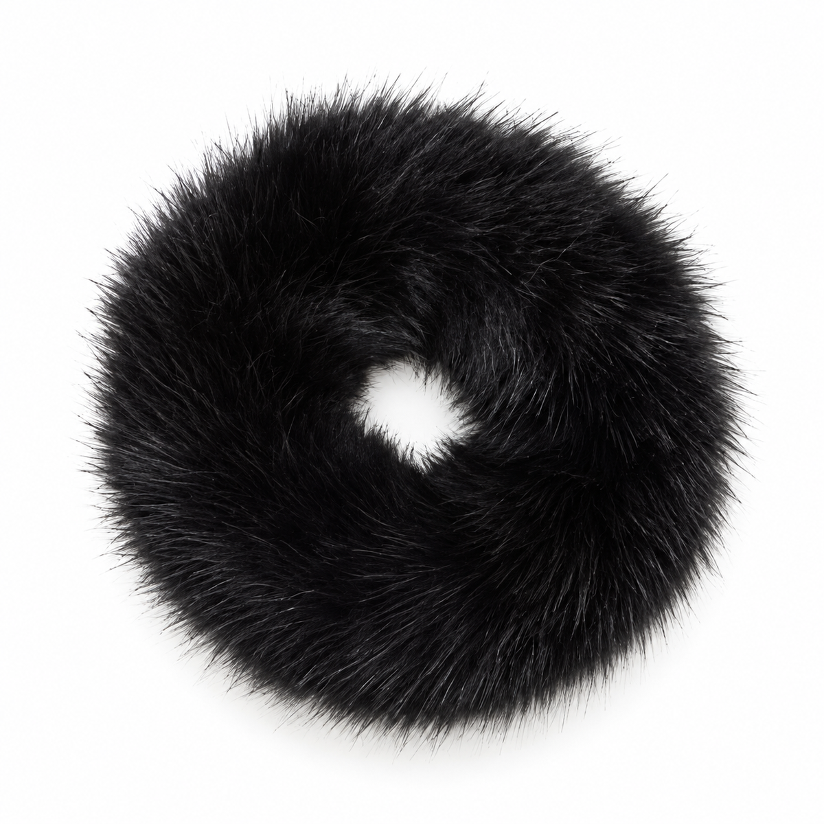 A black faux fur donut hair scrunchie, photographed from directly above on a clean white background.