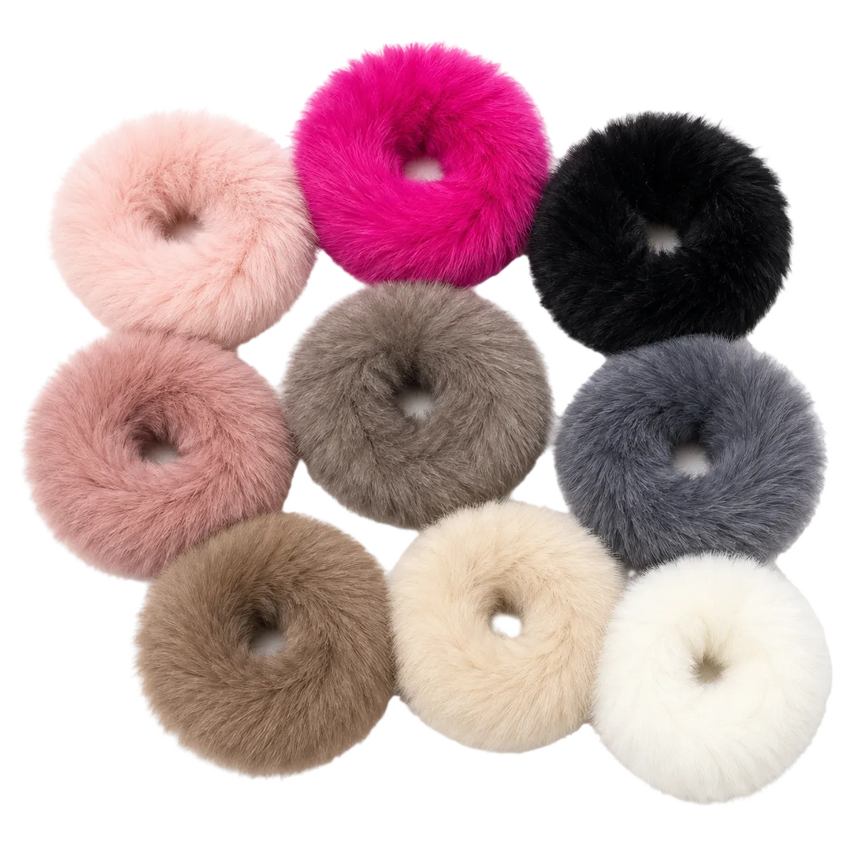 Nine faux fur donut-shaped hair accessories in various colors, including hot pink, black, dusty pink, taupe, charcoal gray, camel brown, cream, and off-white, arranged on a plain white background.