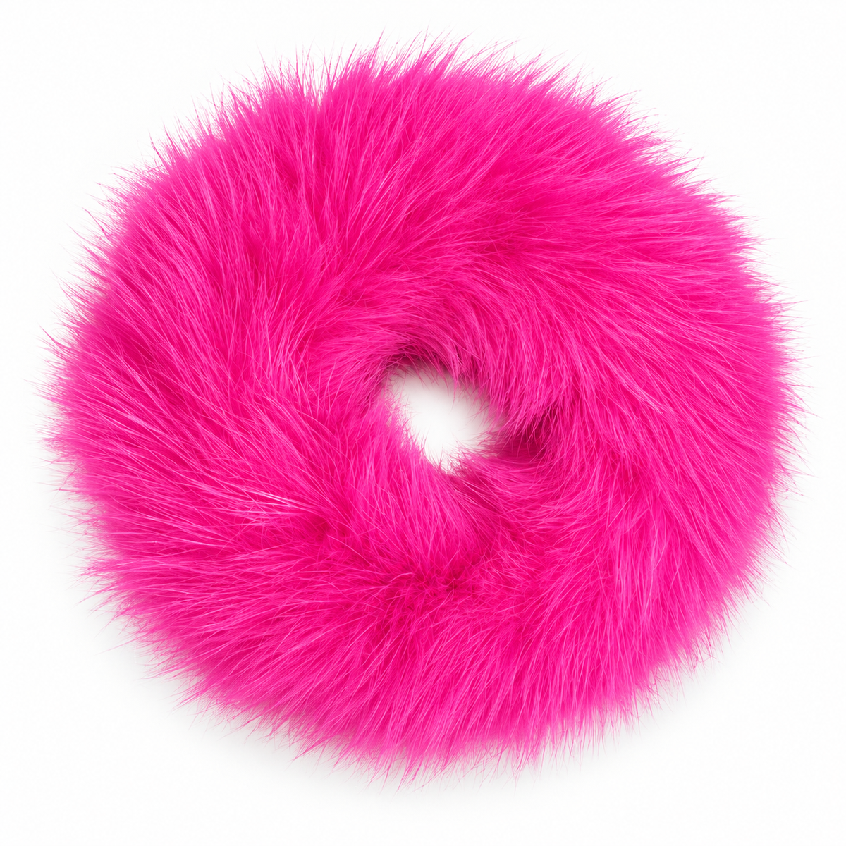 A bright hot pink faux fur donut hair scrunchie, shown against a plain white background.