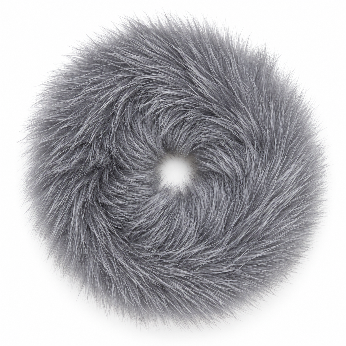 A round gray faux fur hair accessory with a central hole, shown against a plain white background.