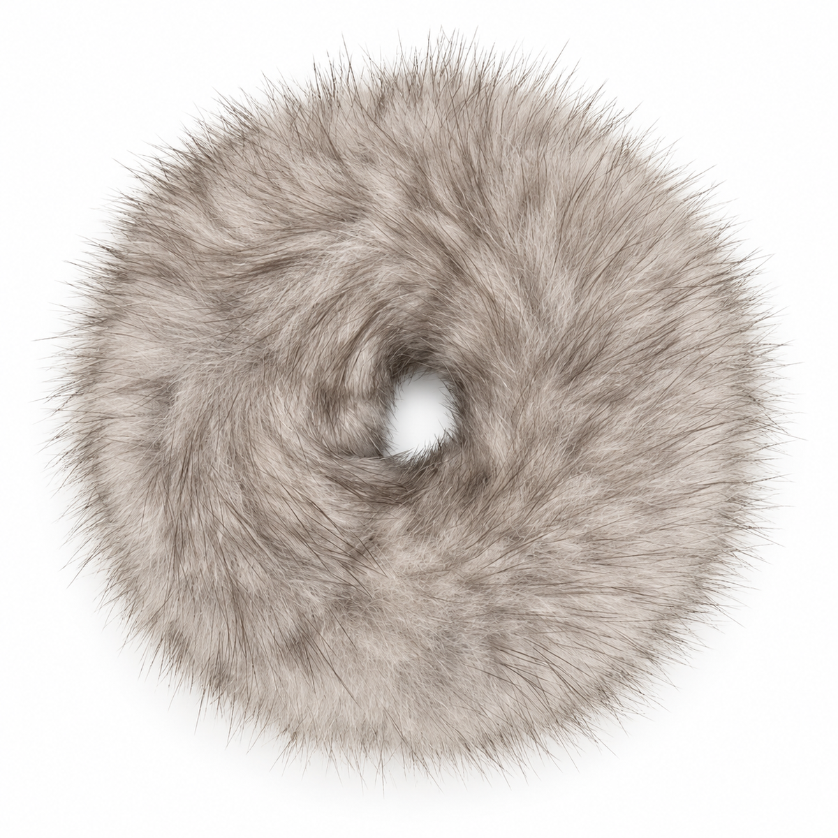 A round, fluffy faux-fur fur hair accessory with a central hole, shown from above on a plain white background. The color is a soft, mottled light gray with warm taupe undertones.