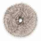 A round, fluffy faux-fur fur hair accessory with a central hole, shown from above on a plain white background. The color is a soft, mottled light gray with warm taupe undertones.