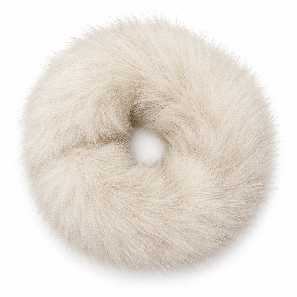 A fluffy faux-fur donut-shaped hair accessory in a warm cream or ivory tone, photographed on a clean white background.