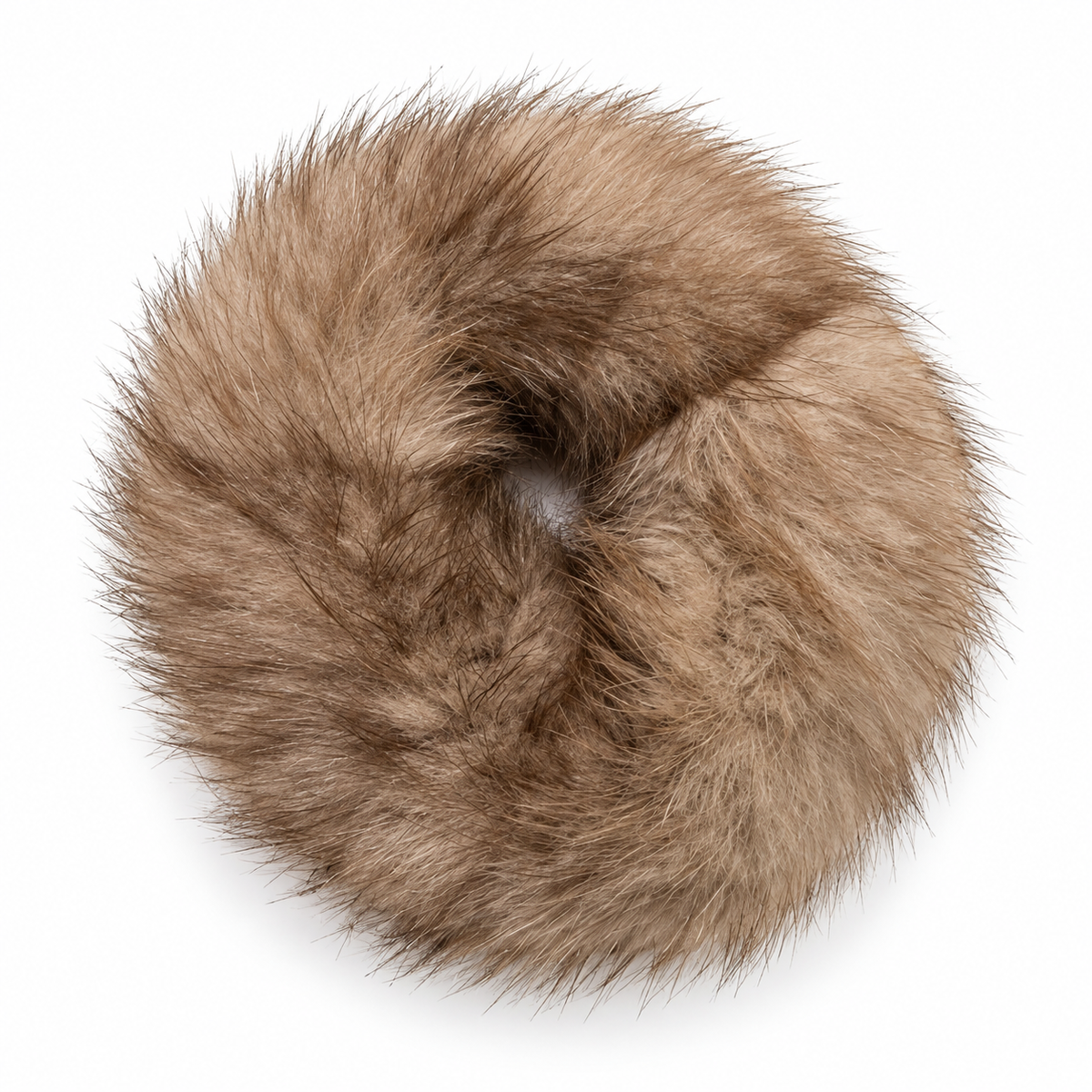 A brown faux fur hair scrunchie on a clean white background.