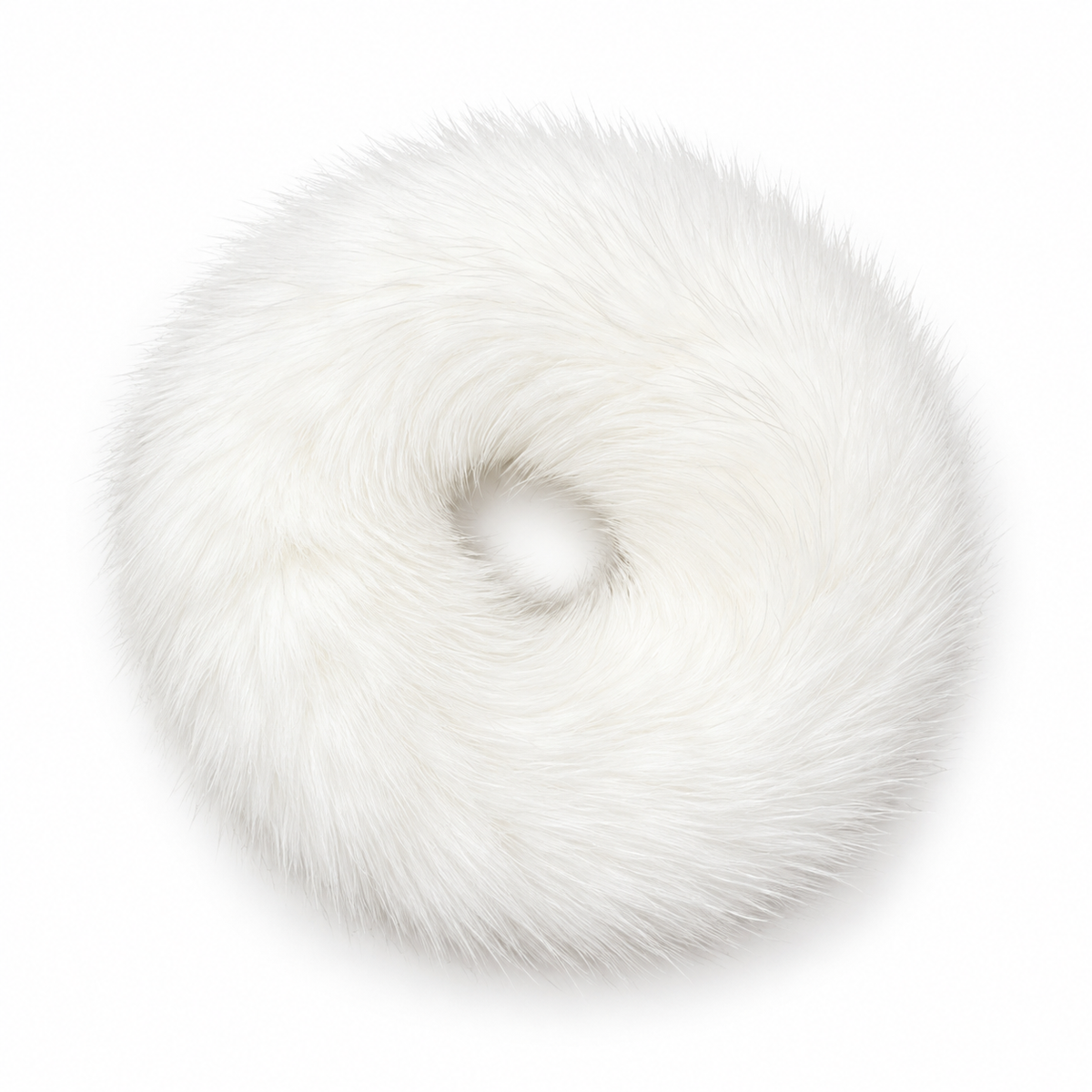 A white faux fur donut-shaped hair accessory photographed from directly above on a clean white background.