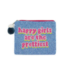 Blue pouch with 'Happy girls are the prettiest' text on a white background