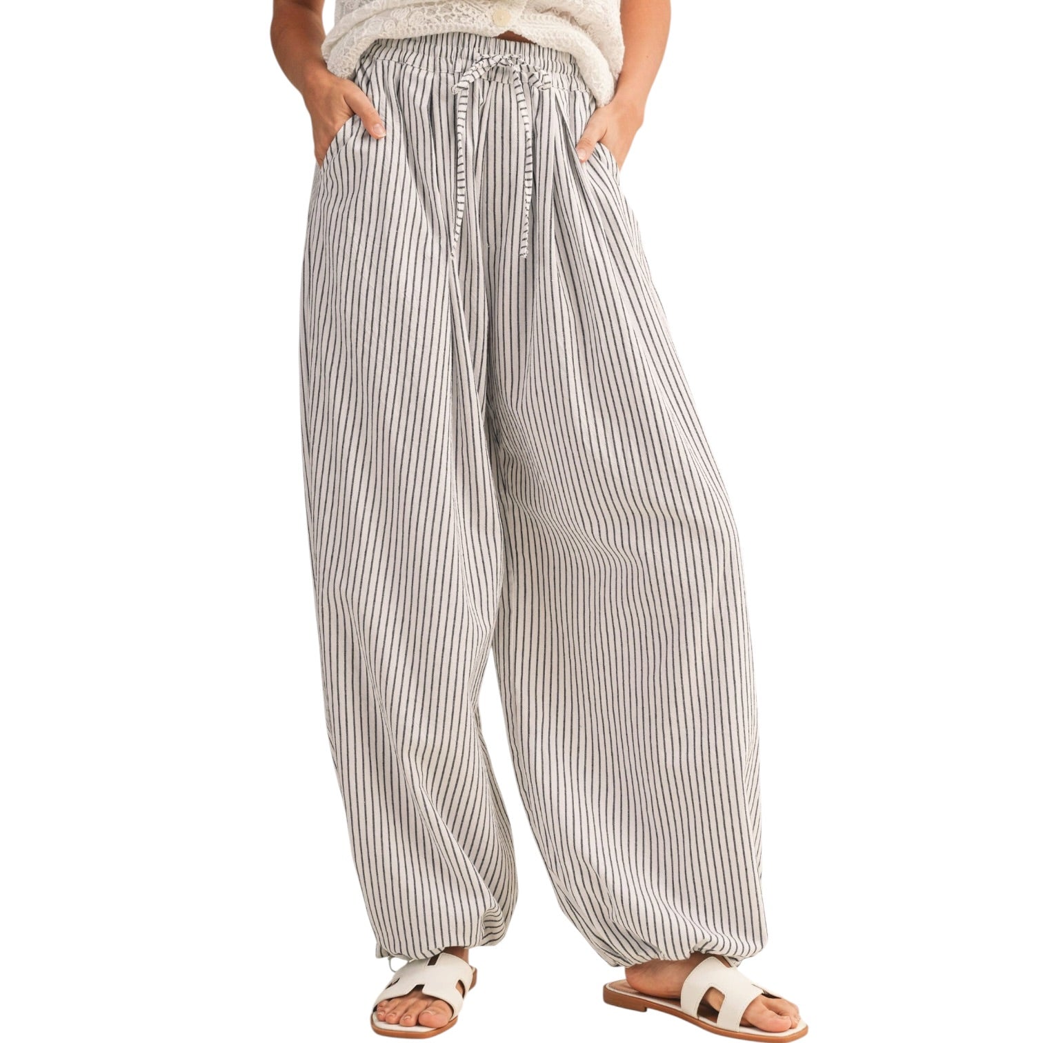 striped balloon pants with drawstring