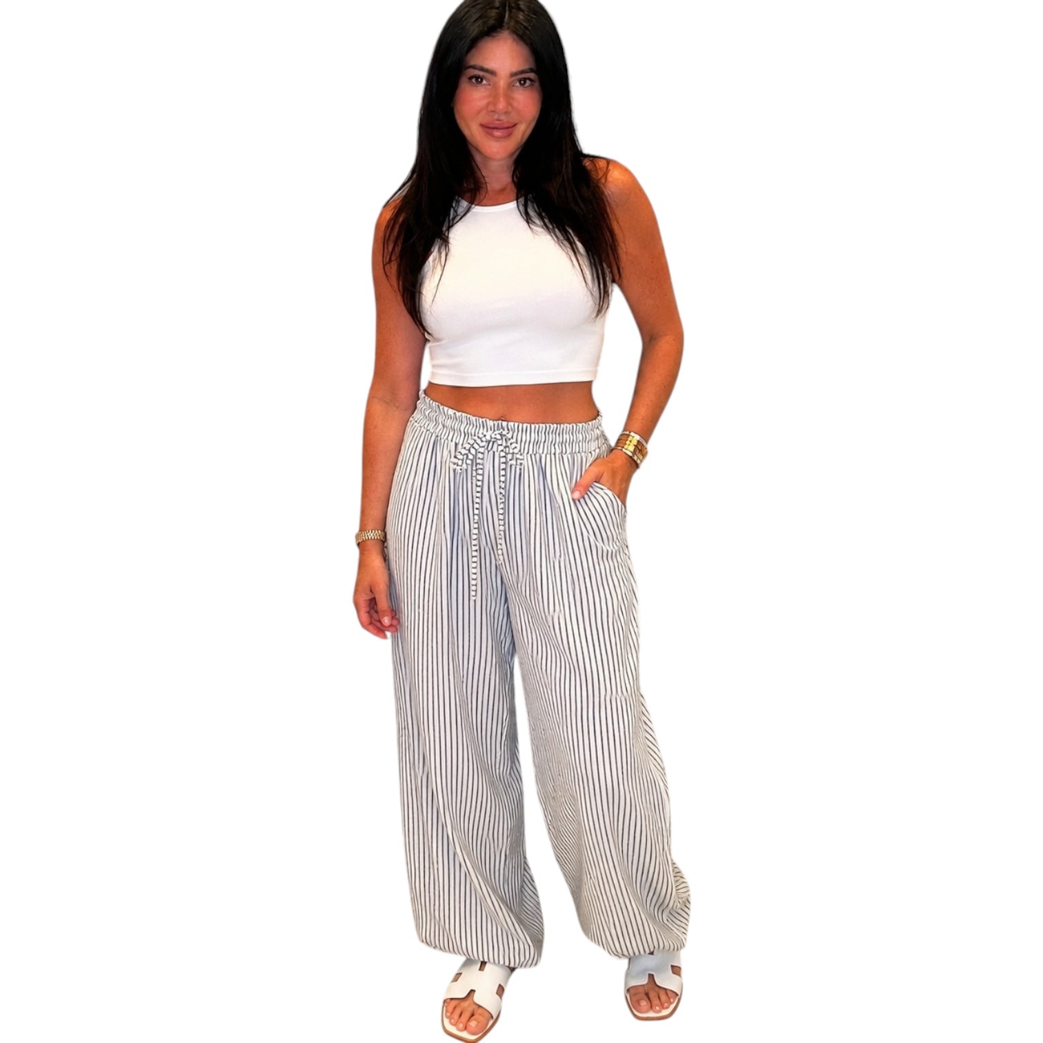 striped balloon pants with drawstring