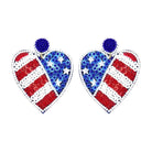 Heart-shaped earrings with American flag design on a white background
