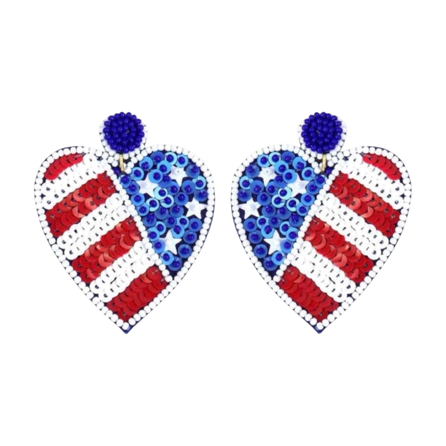 Heart-shaped earrings with American flag design on a white background