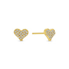 Gold heart-shaped earrings with clear stones on a white background