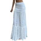 Light blue lace skirt worn by a person on a white background