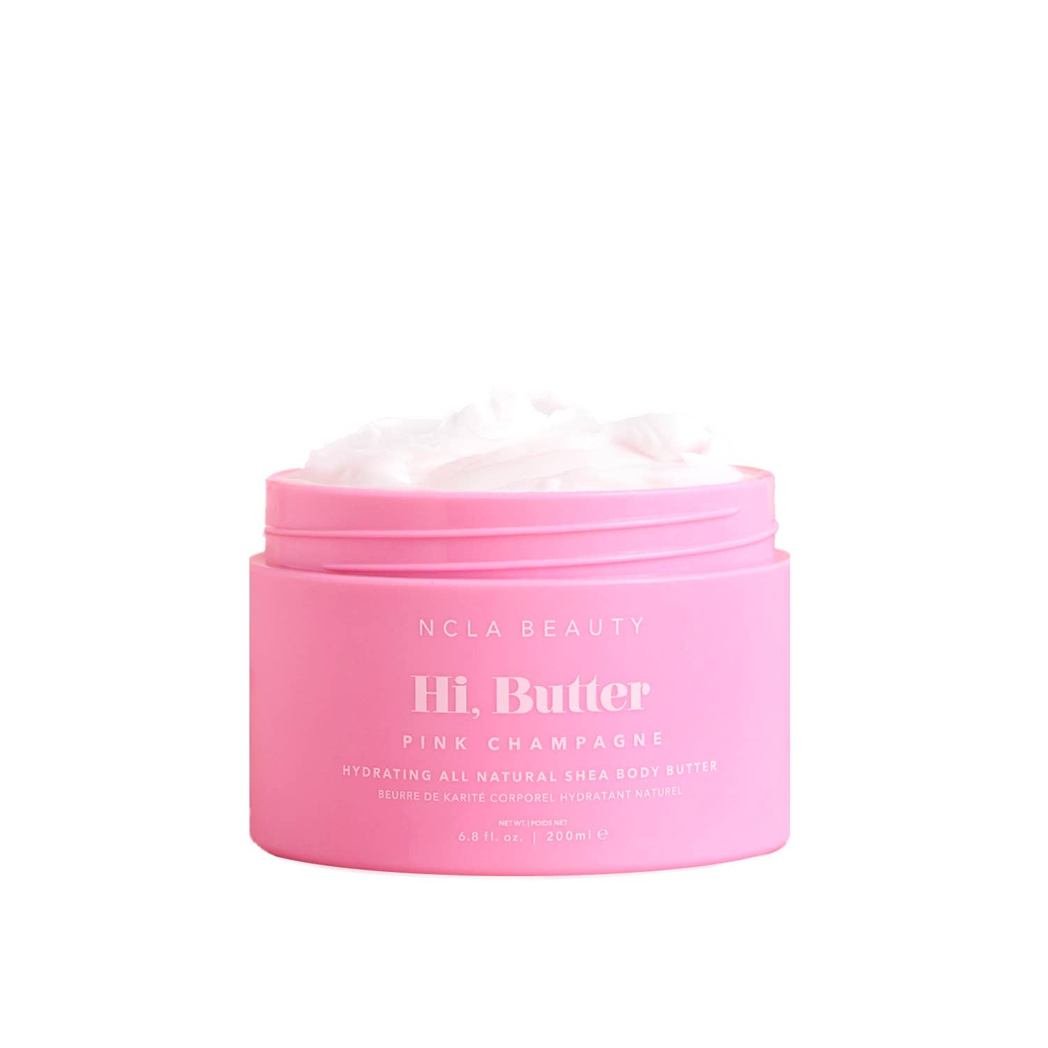 Pink jar of NCLA Beauty Hi, Butter Pink Champagne body butter on a white background