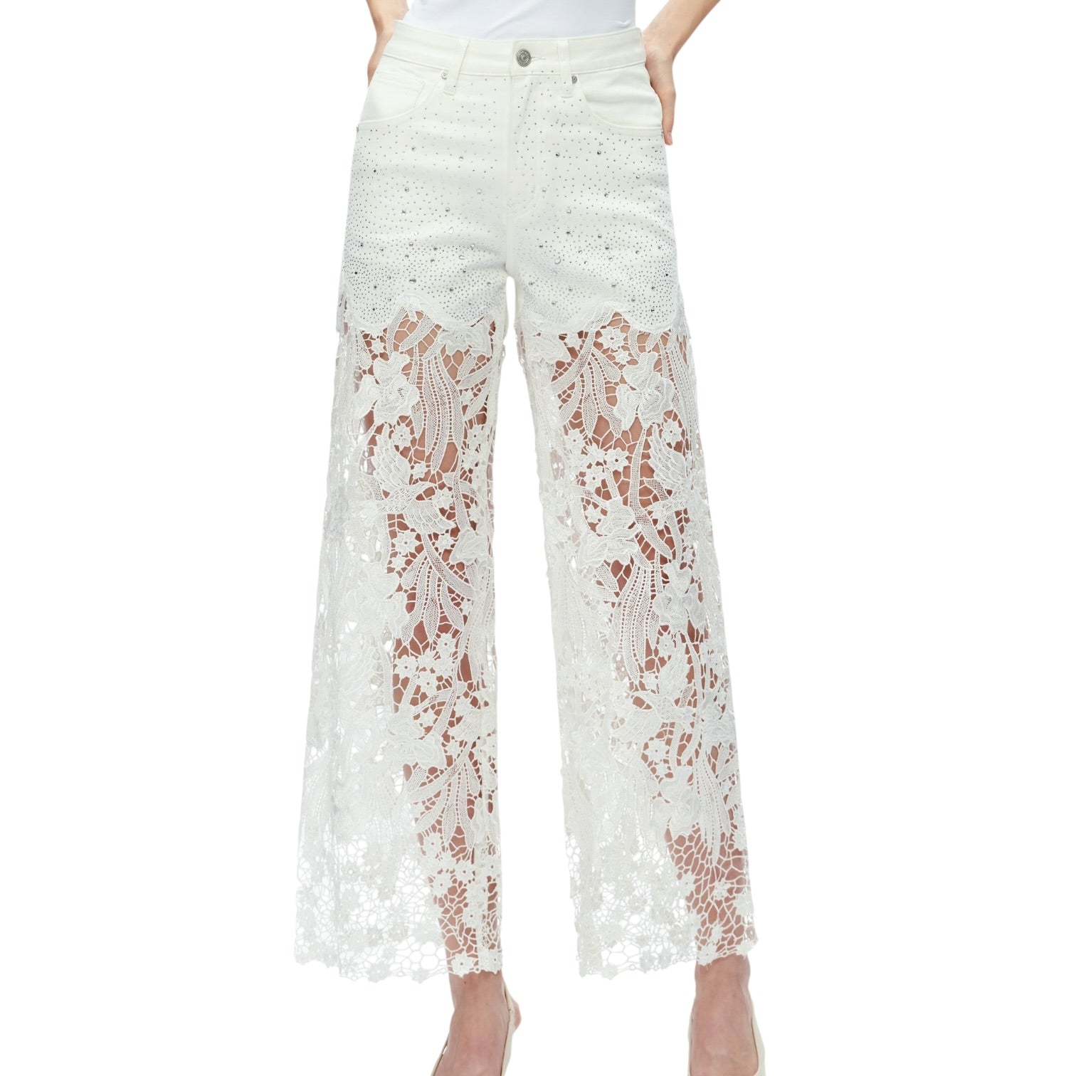 White lace pants on a white background
