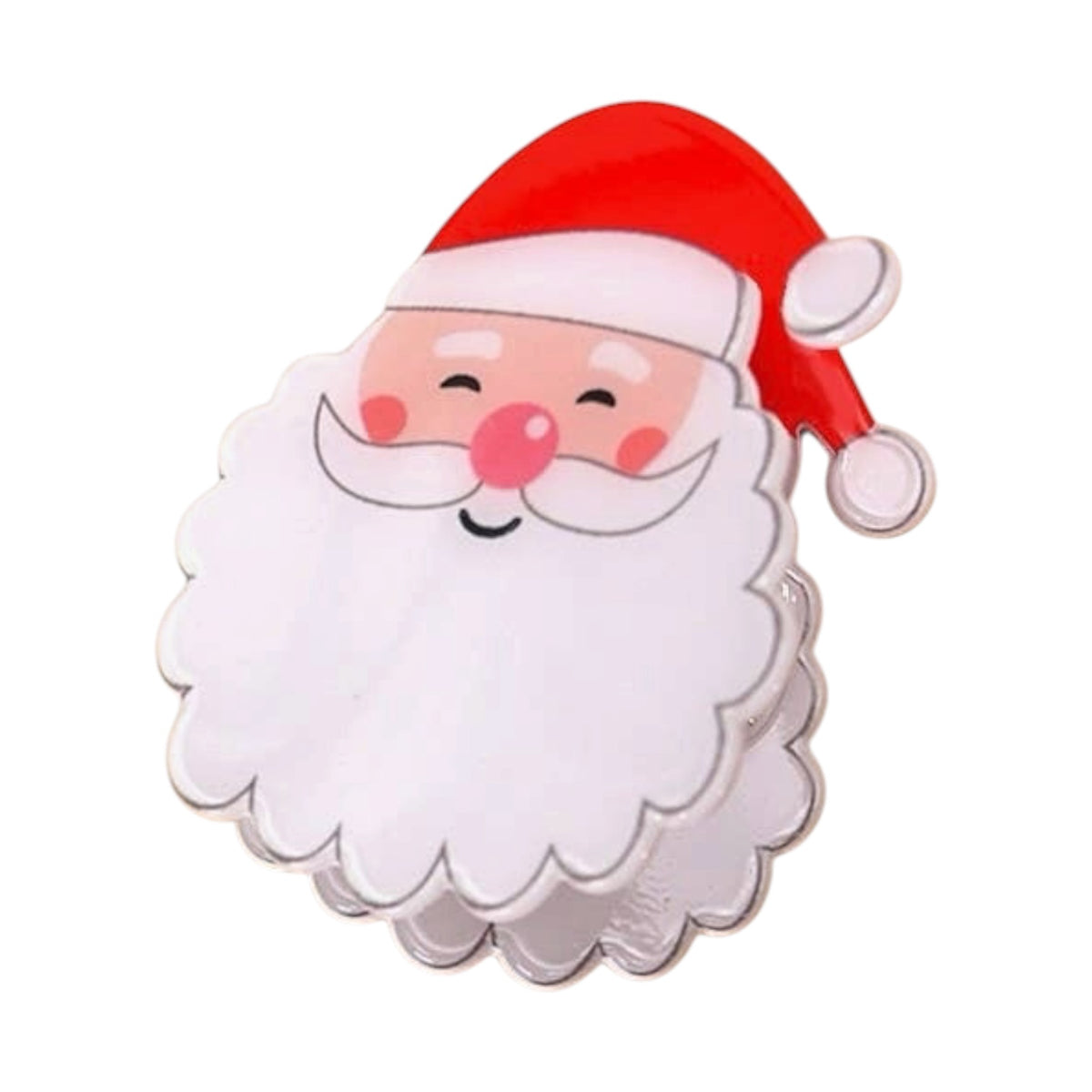 A festive Santa Claus face accessory with a red hat, white beard, pink cheeks and nose, outlined in black, shown on a plain white background.