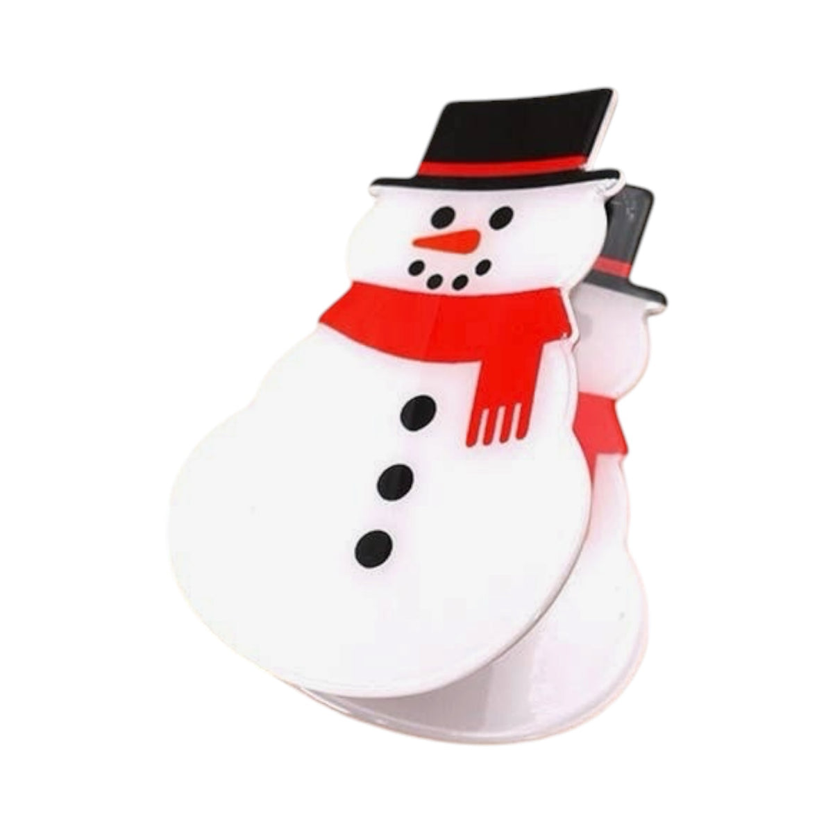 A snowman-shaped product, likely a decorative clip or accessory, featuring a white body, black top hat, red scarf, and black facial details on a plain white background.