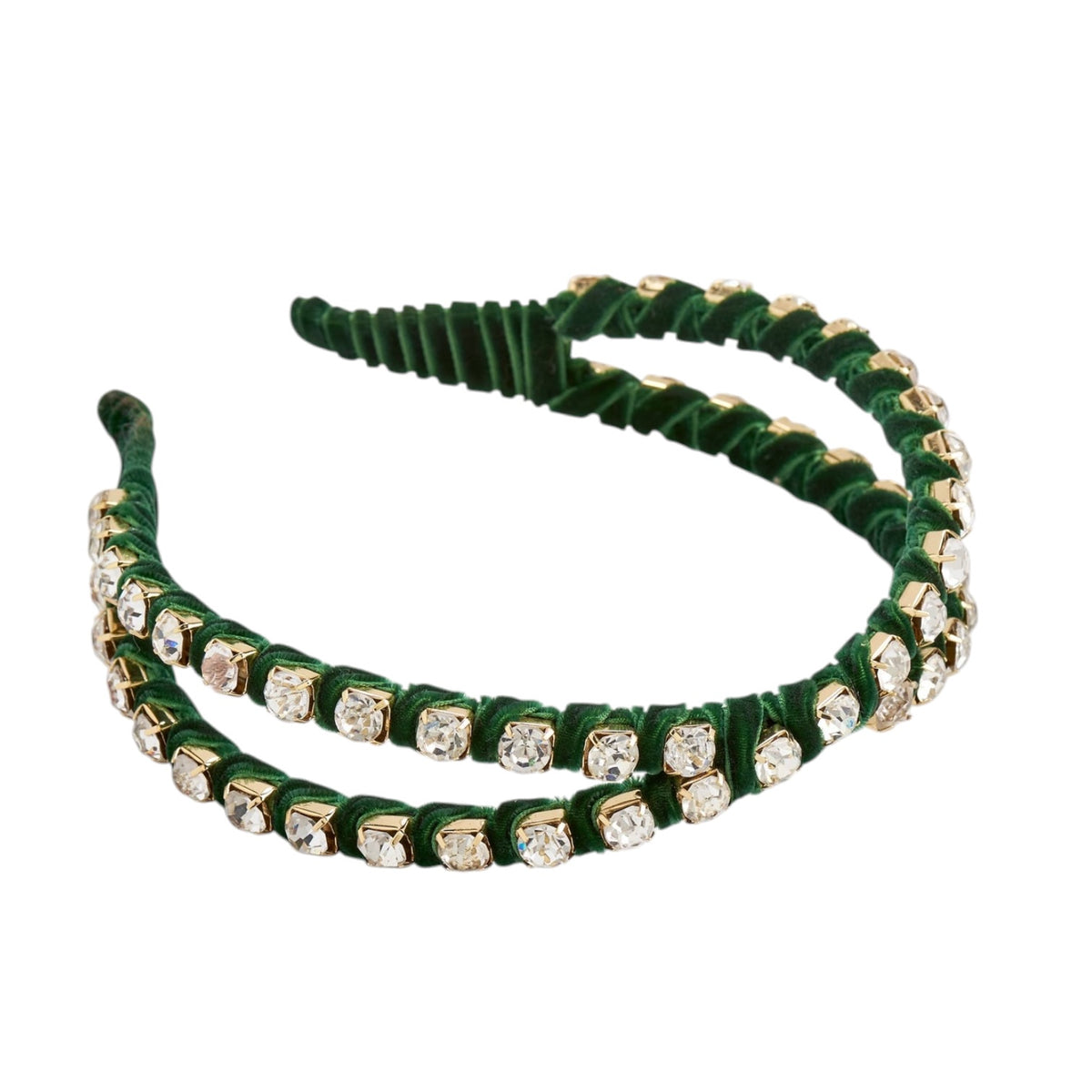 A dark green velvet double-row headband embellished with clear rhinestones in gold-toned settings, displayed on a solid white background.