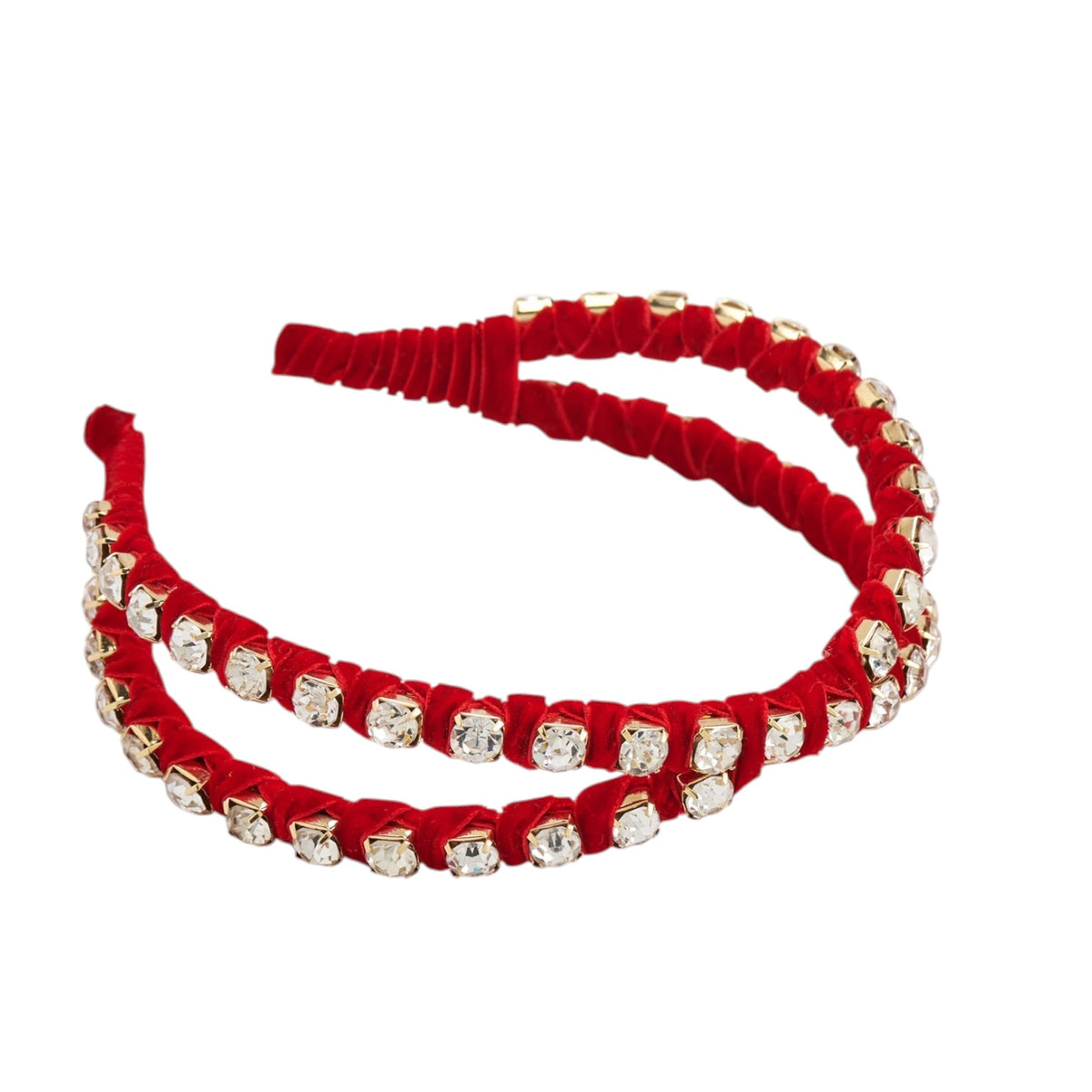 A red velvet headband embellished with gold-tone metal settings and clear rhinestones, displayed on a clean white background.