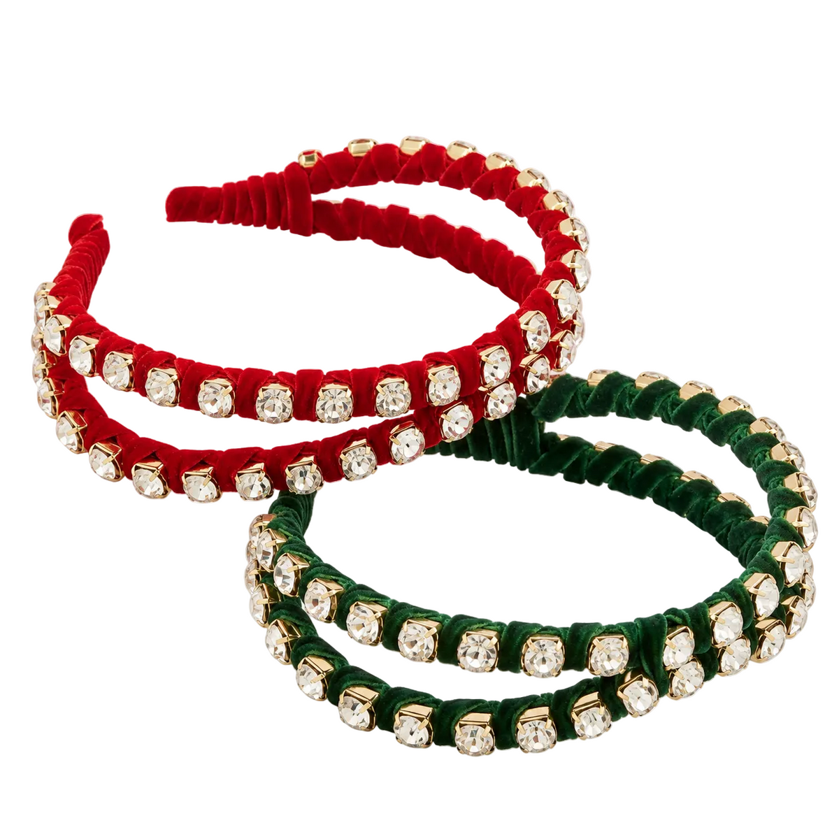 Two velvet headbands with rhinestone embellishments, one in red and one in dark green, arranged on a white background.