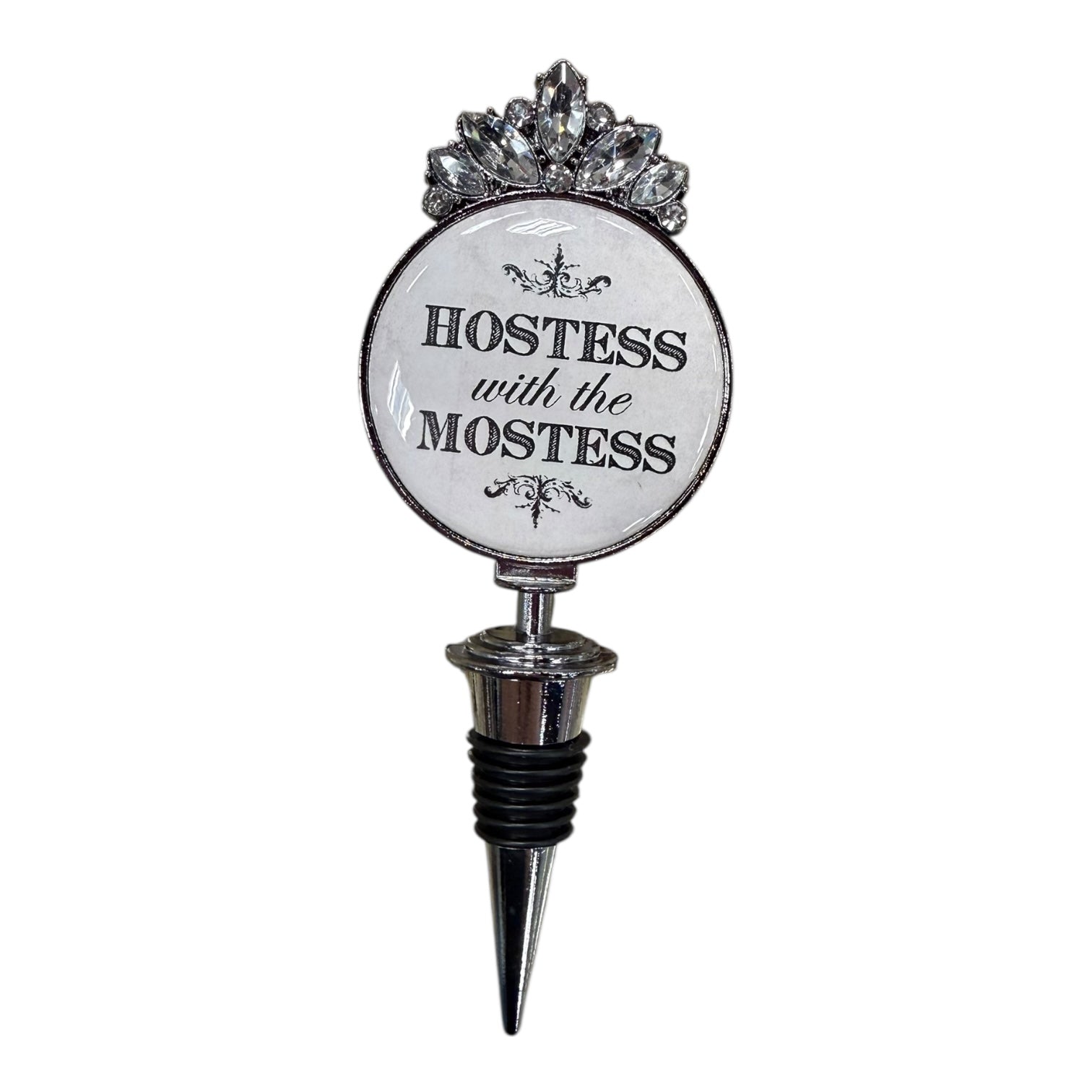 Wine bottle stopper with 'Hostess with the Mostest' text and decorative top on a white background