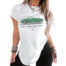 White t-shirt with green car graphic and text worn by a person on a white background