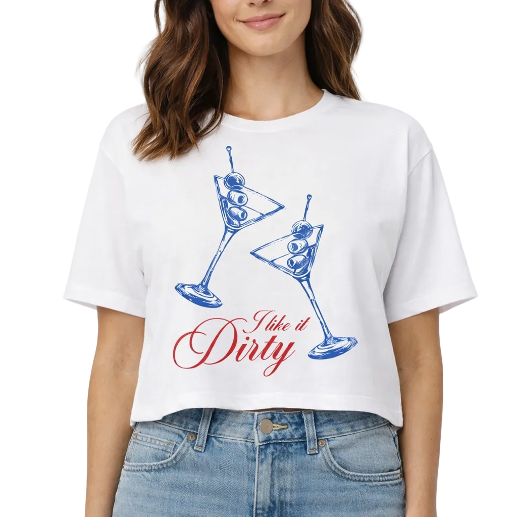 Person wearing a white t-shirt with cocktail graphic and 'I like it Dirty' text.