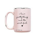 Pink mug with text on a white background