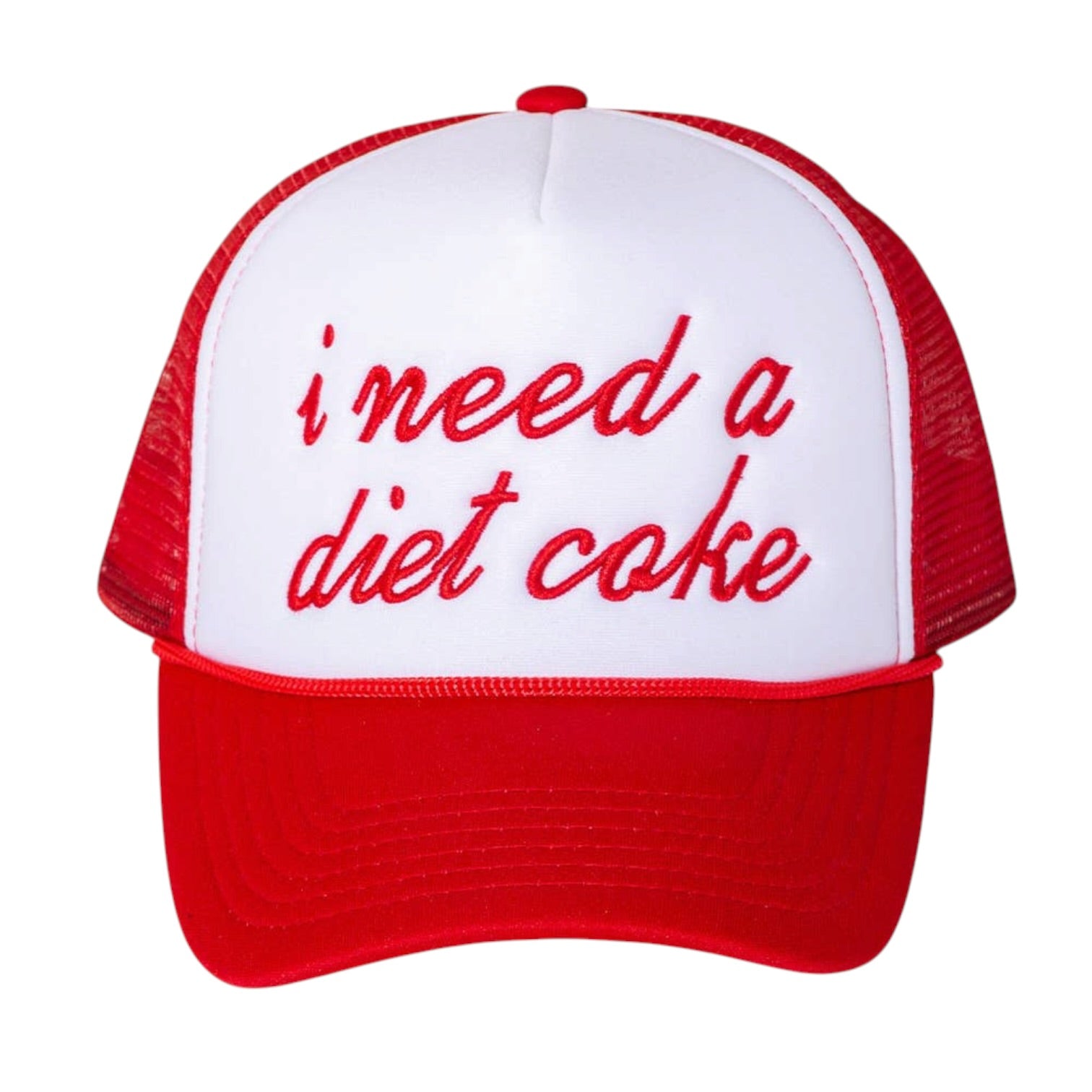 Red and white cap with 'i need a diet coke' text on a white background