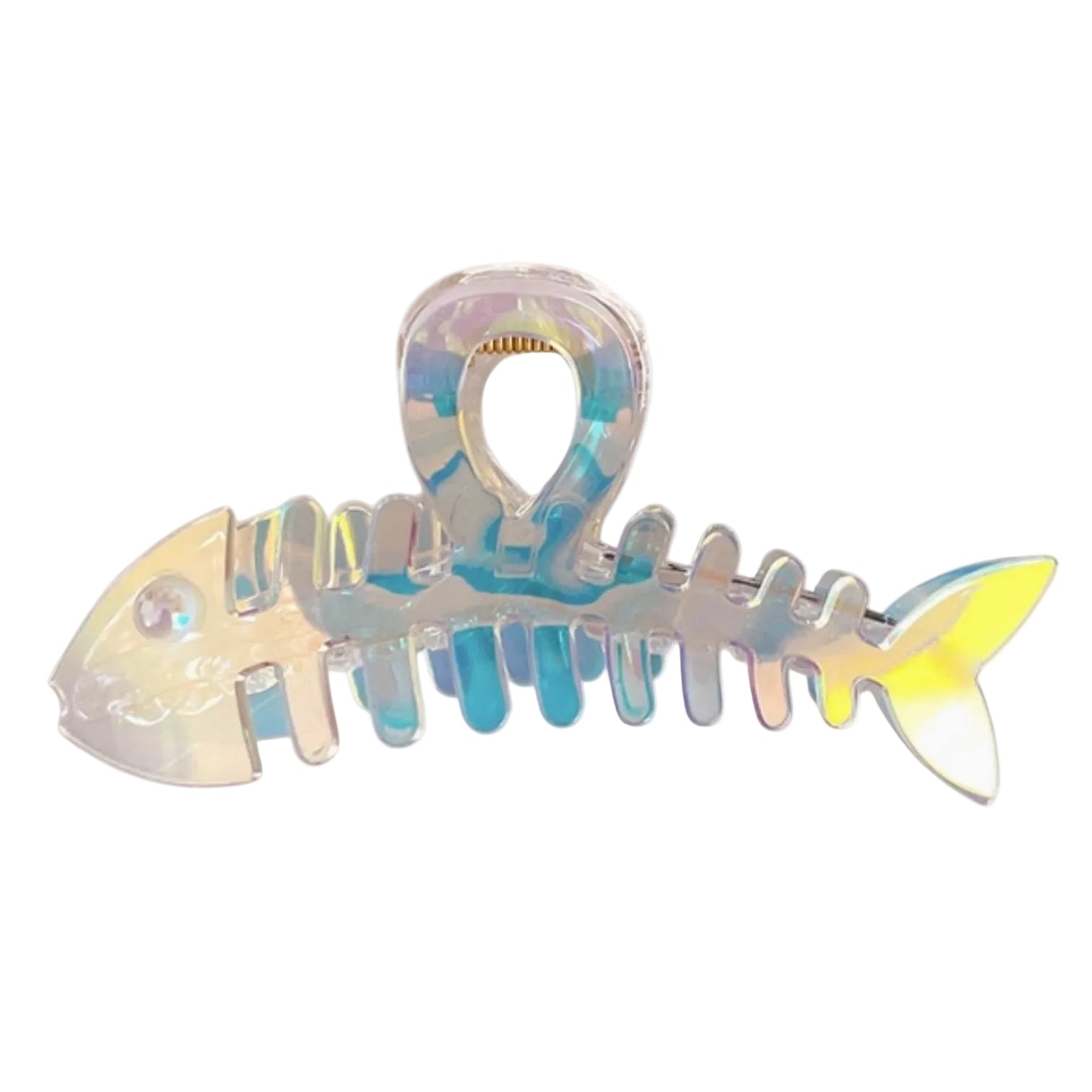 Iridescent fish-shaped hair comb on a white background
