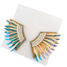 Decorative earrings with colorful feather-like designs on a white background
